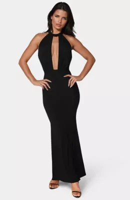 Plunge Neck Halter Floor Length Dress by bebe