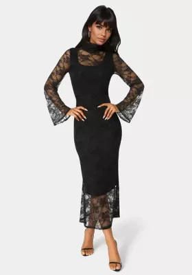 Lace Turtleneck Illusion Maxi Dress by bebe