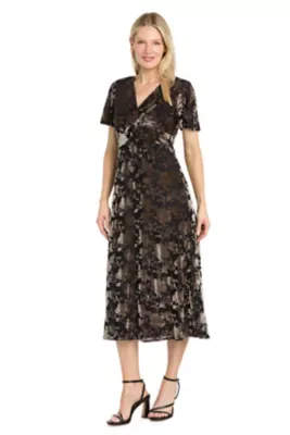 Flocked Midi Dress with Knot Front by R&M Richards