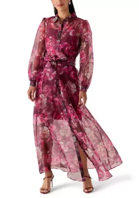 Long Blouson Sleeve Floral Organza Maxi Shirt Dress by Jordan