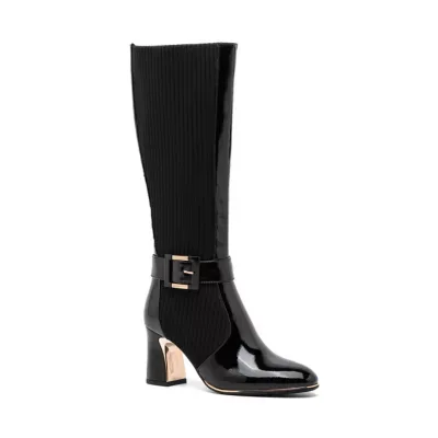 Tara Knee High Stretch Knit Block Heel Buckle Boot by Ninety Union