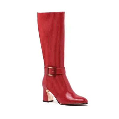 Tara Knee High Stretch Knit Block Heel Buckle Boot