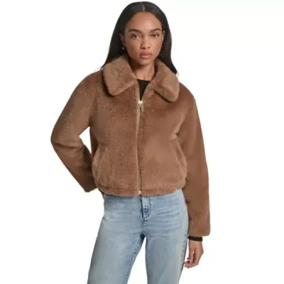 KARL Lagerfeld PARIS Plush Faux-Fur Zip-Front Jacket with Decorative Bow Puller by Karl Lagerfeld