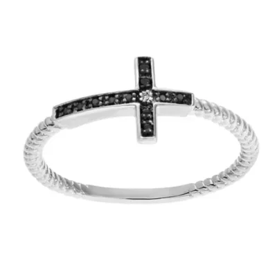 Black Diamond Sideways Cross Ring in Sterling Silver by Brilliant Grown
