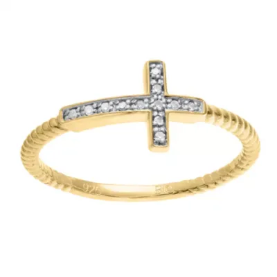 Yellow Gold Plated Sterling Silver Diamond Sideways Cross Ring by Brilliant Grown