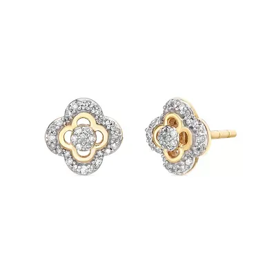 10K Yellow Gold Diamond Four Leaf Clover Stud Earrings with Round Diamond Accents by Brilliant Grown
