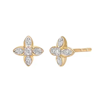 Round Diamond Yellow Gold Flower Stud Earrings by Brilliant Grown