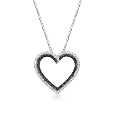 Gold Black & White Diamond Open Heart Pendant Necklace, 18 In by Brilliant Grown