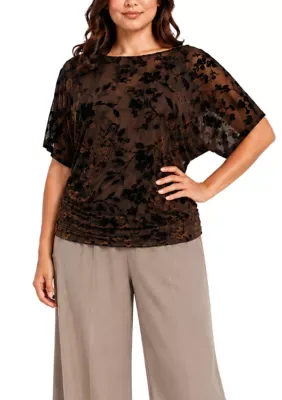 Floral Velvet Burnout Boatneck Batwing Sleeve Side Ruched by Coin1804