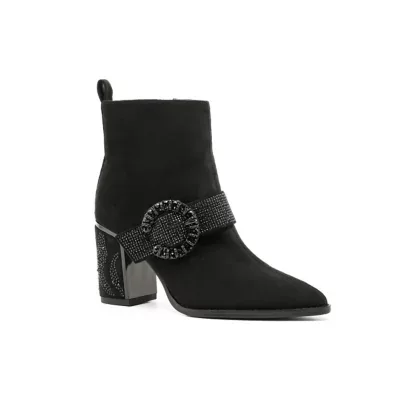 Addison Rhinestone Strap Block Metal Trim Heel Ankle Bootie by Ninety Union