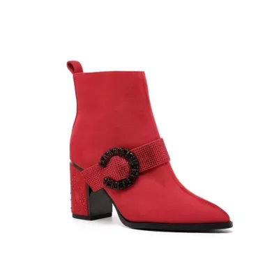 Addison Rhinestone Strap Block Metal Trim Heel Ankle Bootie
