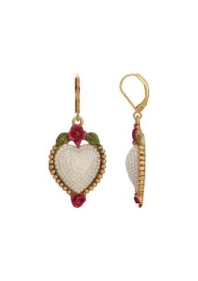 Faux Pearl Red Rose Heart Drop Earrings by Seta Jewelry