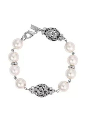 Silver-Tone Faux Pearl Filigree Bead Bracelet
