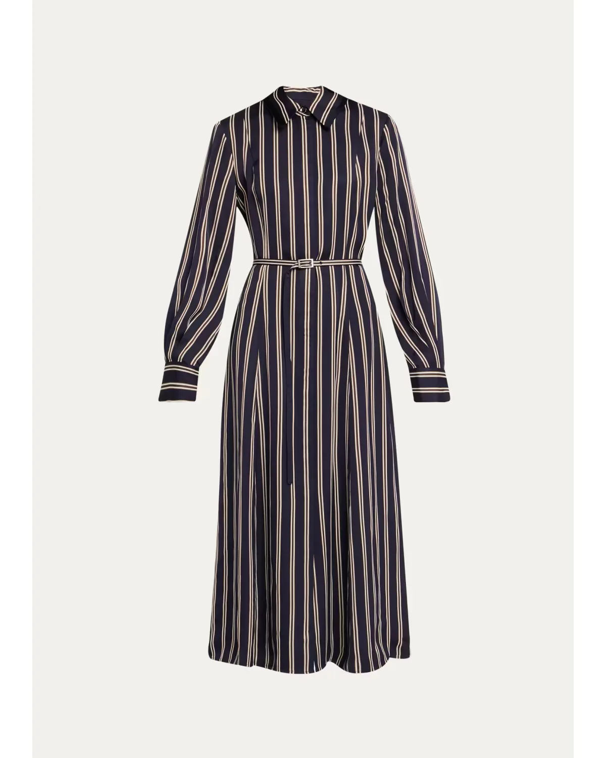 Striped Satin Long-Sleeve Belted Midi Shirtdress