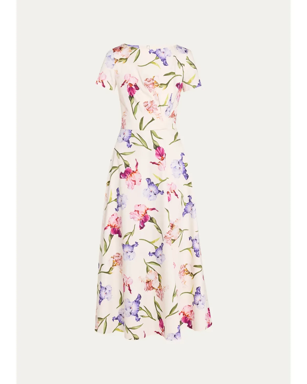 Painted Iris Cotton Poplin Short-Sleeve Midi Day Dress by Oscar de la Renta