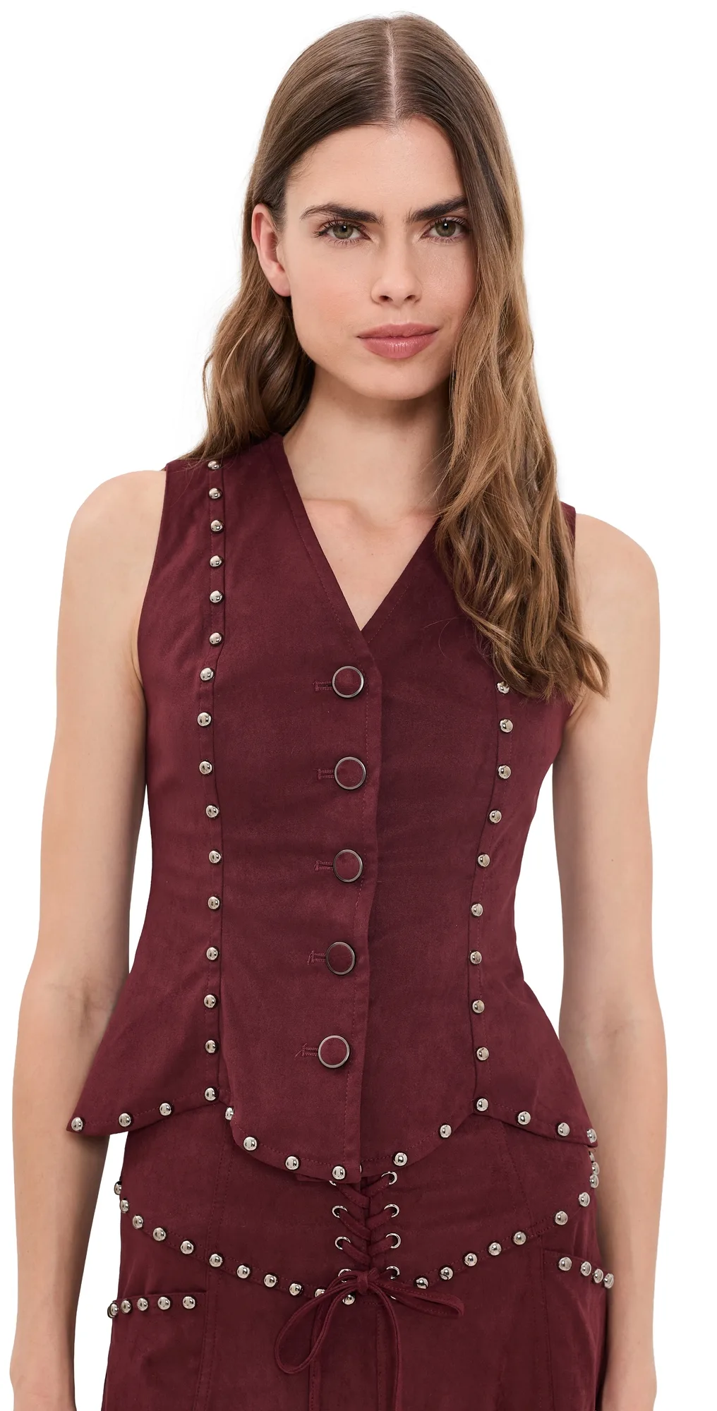 V Neck Button Down Studded Suede Top by Moon River