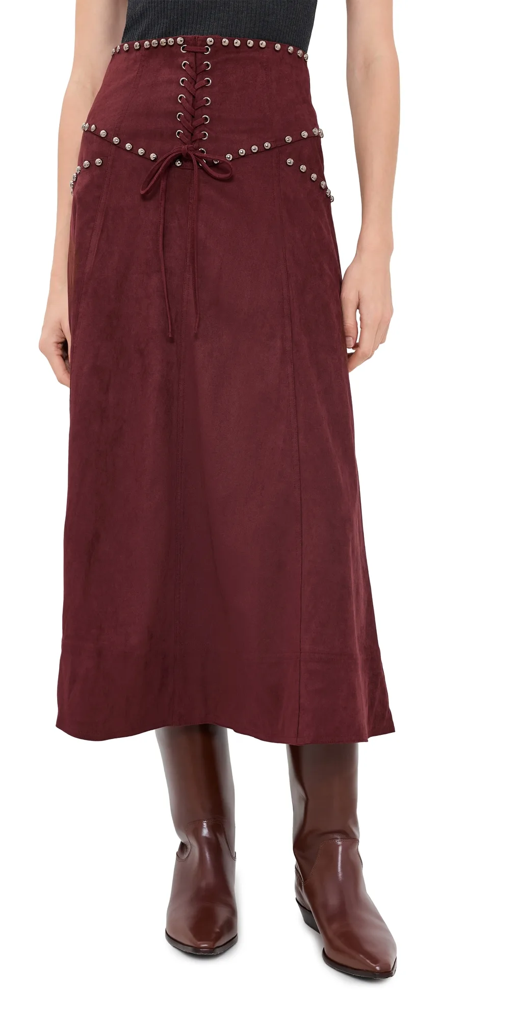 Studded Front Lace Up Faux Suede Midi Skirt by Moon River