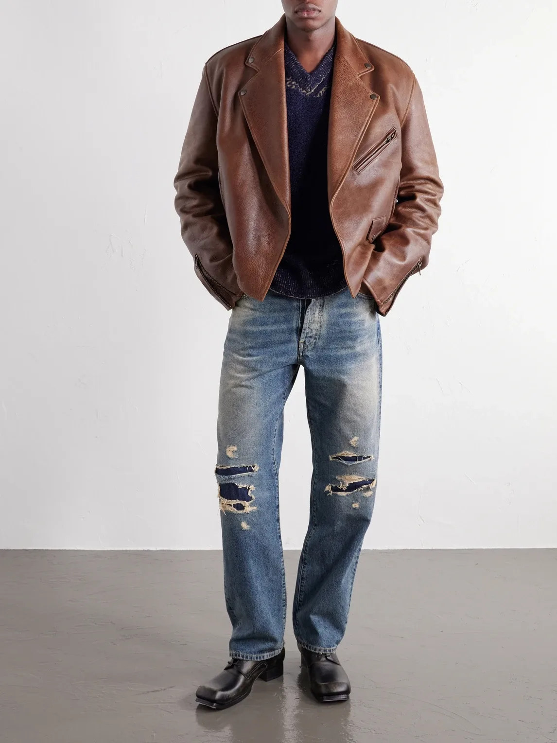 Cropped Distressed Full-Grain Leather Biker Jacket by Maison Margiela