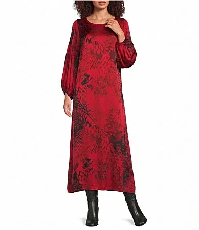 Satin Woven Encanto Print Crew Neck 34 Sleeve Lanterna Midi Dress by Bryn Walker