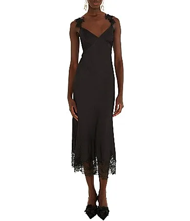 Satin V-Neck Sleeveless Lace Hem Maxi Slip Dress by FARM Rio