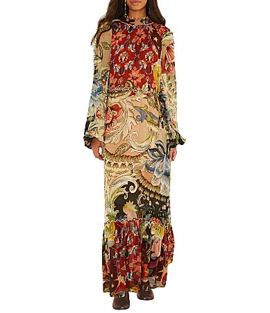 Lunar Boho Multicolor Printed Mock-Neck Collar Long Sleeve Maxi Dress by FARM Rio