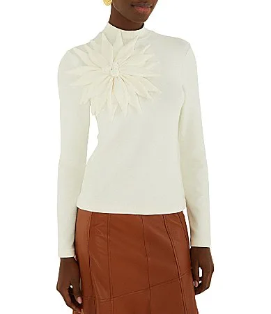 Floral Applique Mock Neck Long Sleeve Crepe Jersey Top by FARM Rio