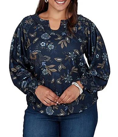 Stretch Knit Floral Horseshoe Neck Long Sleeve Smocked Detail Top by Ruby Rd