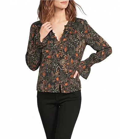 Woven Satin V-Neck Long Sleeve with Front Pintuck Blouse by Liverpool Los Angeles