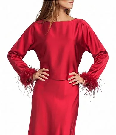 Blyss Drapey Satin Boat Neck Long Sleeve Feather Cuff Blouse by Antonio Melani