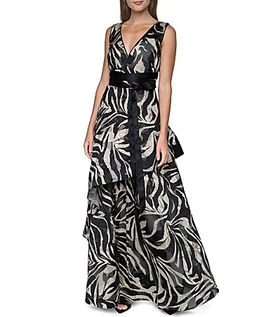 Sleeveless V Neck Tiered Ruffle Skirt Zebra Print Long Dress by Halston