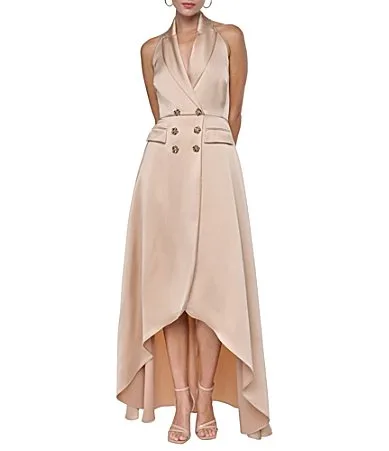 Sleeveless Faux Halter Neck Tuxedo Detail Crystal Button High-Low Dress by Halston