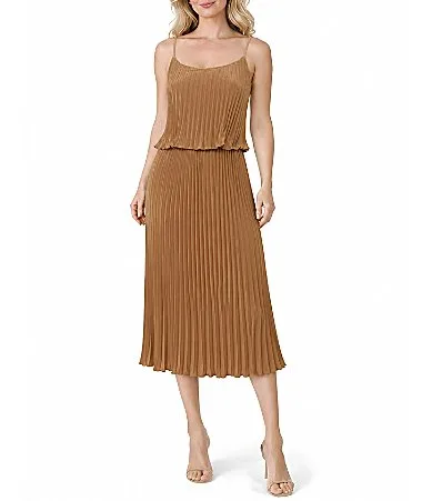 Ruffle Pop Over Bodice Pleated Midi Dress by Oleg Cassini