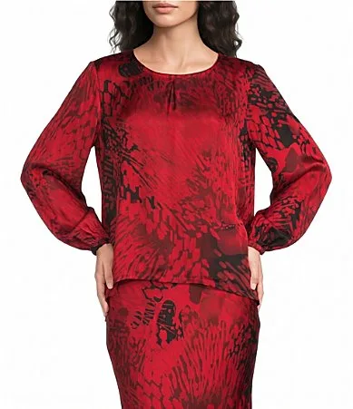 Lucinda Satin Woven Abstract Grunge Pattern Round Neck Long Dolman Sleeve High-Low Hem Coordinating Shirt by Bryn Walker