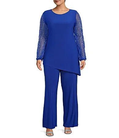 Beaded Long Sleeve Crew Neck 2-Piece Pant Set by Marina