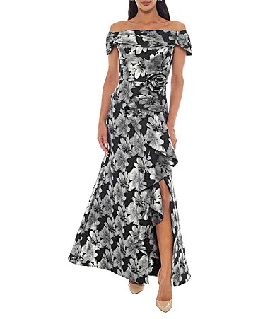 Floral Print Off the Shoulder Short Sleeve Cascading Ruffle Brocade Mermaid Dress by Oleg Cassini