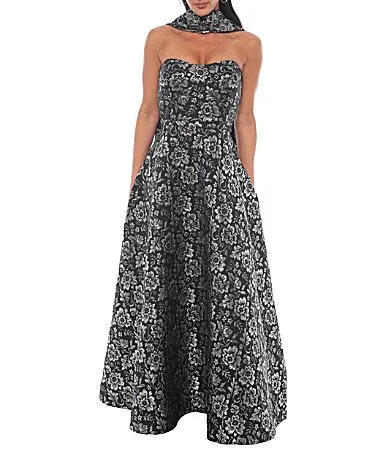 Strapless Metallic Brocade Gown by Oleg Cassini
