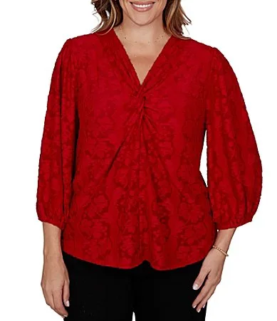Textured Floral Clip Jacquard V-Neck 34 Sleeve Top by Ruby Rd