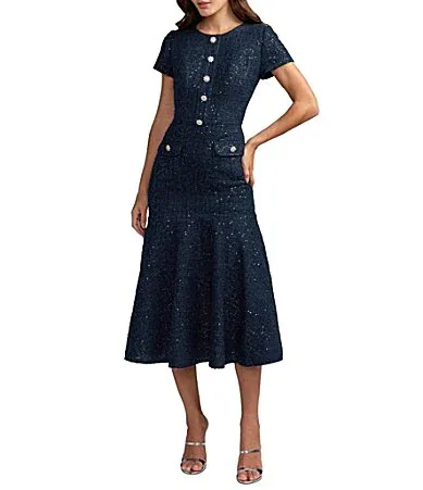 Mac Duggal Cap Sleeve Boucle Button Up Midi Dress by M.A.C.