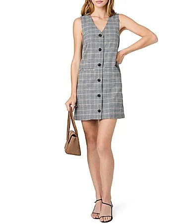 Matteo Plaid Suiting V-Neck Sleeveless Button Front A-Line Mini Dress by French Connection