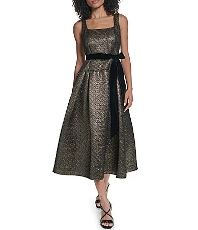 Puckered Metallic Jacquard Sleeveless Square Neck Midi Dress by Karl Lagerfeld