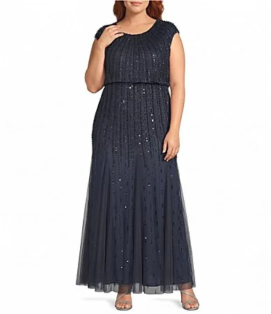 Cap Sleeve Beaded Mesh Blouson Dress by Pisarro Nights