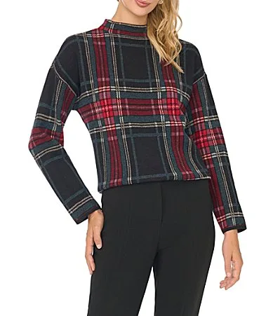 Pullover Plaid Knit Mock Neck Sweater by Vince Camuto