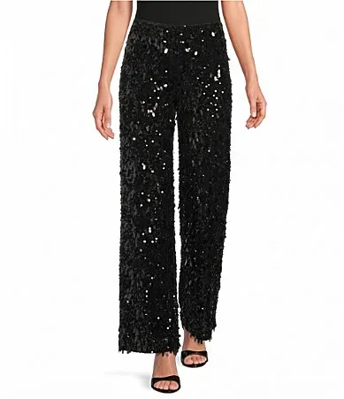 Lonnie High-Rise Wide Leg Sequin Party Pants by Gianni Bini