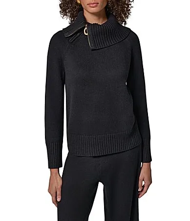 Ribbed Knit Asymmetric Zipper Collar Long Sleeve Sweater Top by Donna Karan
