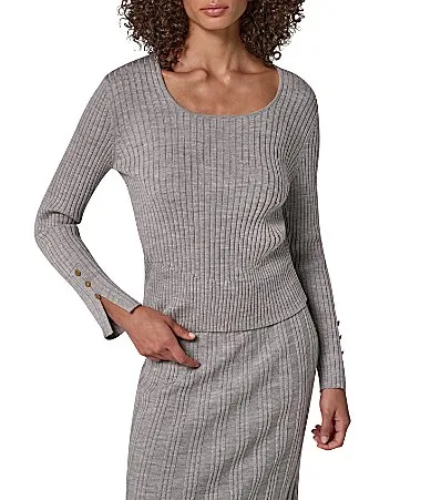 Merino Wool Ribbed Knit Scoop Neck Long Sleeve Sweater Top by Donna Karan