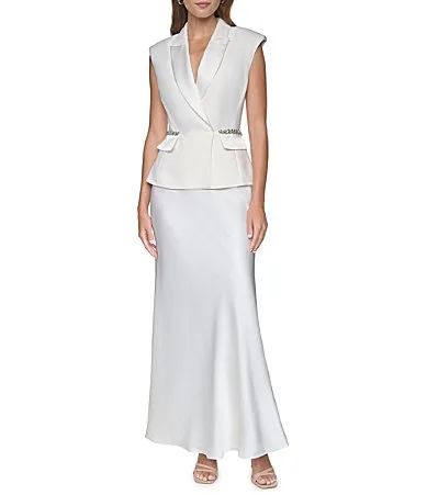 Notched Collar Sleeveless Satin Long Dress by Halston