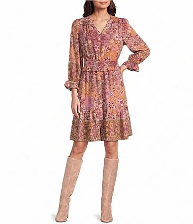 3/4 Sleeve V-Neck Short Dress by Nurture
