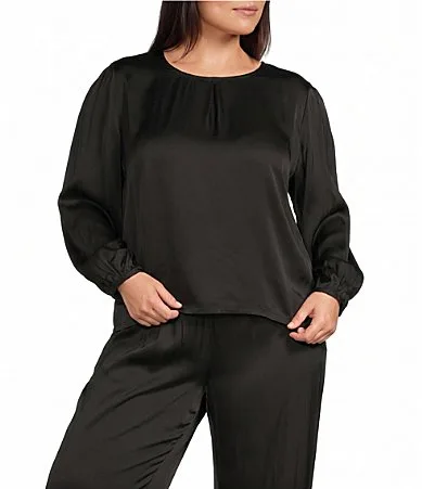 Lucinda Satin Woven Round Neck Long Dolman Sleeve High-Low Hem Shirt by Bryn Walker