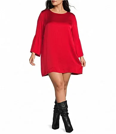 Twila Satin Woven Round Neck Long Ruffle Bell Sleeve Mini Dress by Bryn Walker