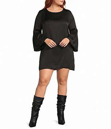 Twila Satin Woven Round Neck Long Ruffle Bell Sleeve Mini Dress